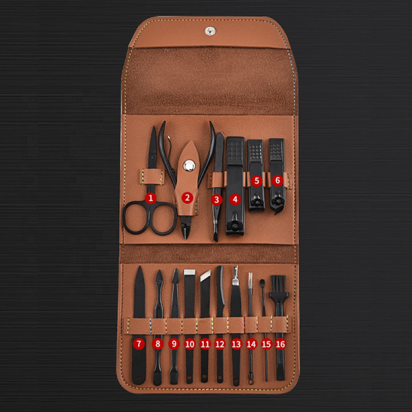 Set Manichiura si Pedichiura Multifunctional 16 Piese din Inox, Portabil, pentru Ingrijire Completa Acasa sau in Calatorii BAS